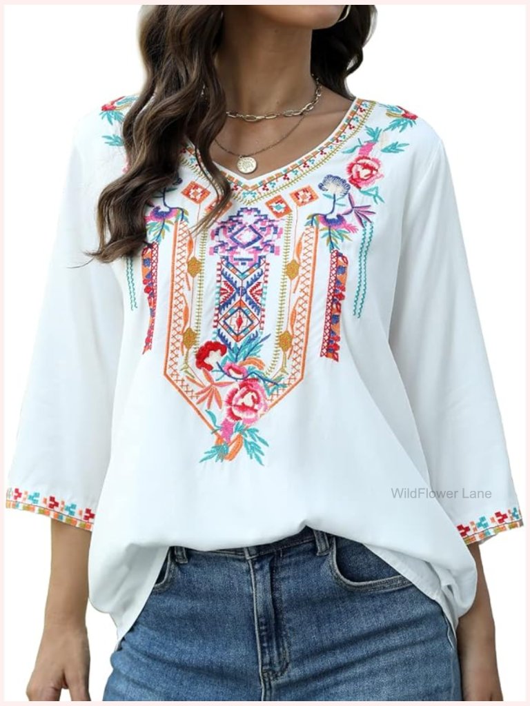 Embroidered Peasant Blouse 3/4 Sleeve V-Neck Tunic Boho Top